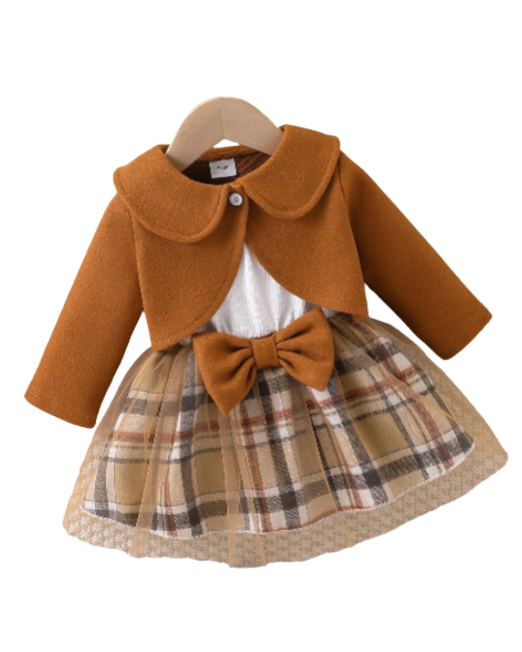 Conjunto Bebê Menina | Vestido Xadrez Tule + Jaqueta Cropped 0M–2 Anos