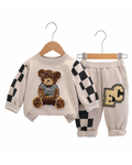 Conjunto 2 Peças Bebê Teddy Bear | Xadrez Bordado Urso Manga Longa Outono 6M–3 Anos