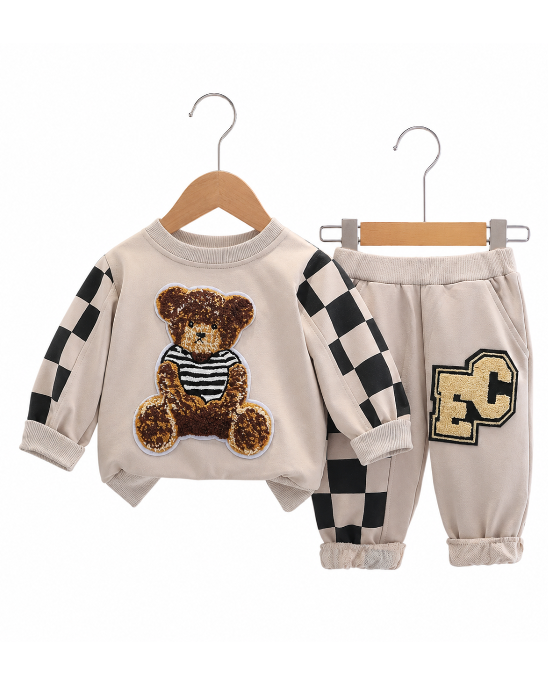 Conjunto 2 Peças Bebê Teddy Bear | Xadrez Bordado Urso Manga Longa Outono 6M–3 Anos