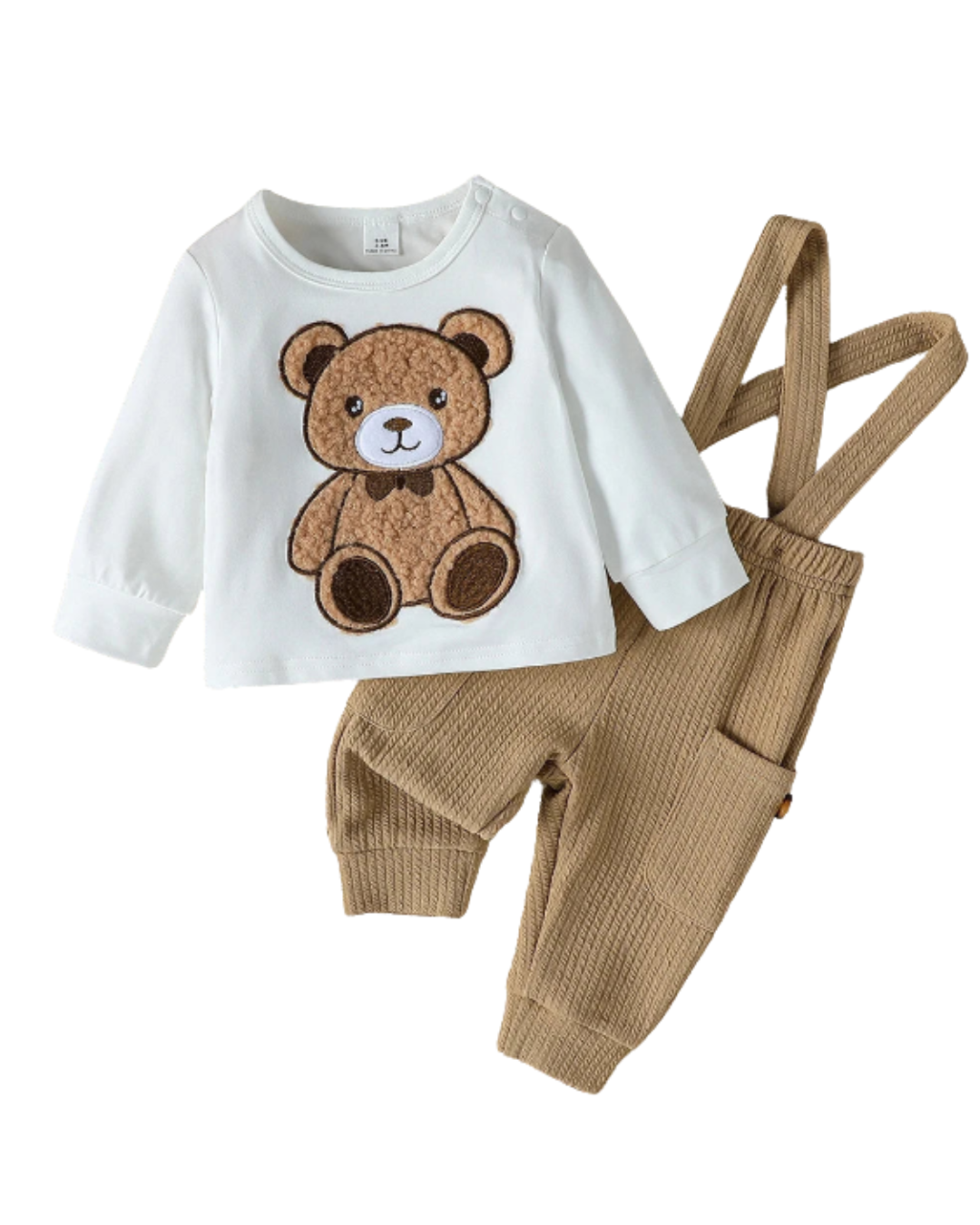 Conjunto 2 Peças Bebê Menino Teddy Bear | Top Manga Longa + Macacão Botão Outono 3M–2 Anos