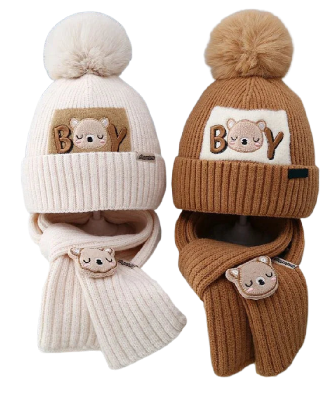 Kit Gorro + Cachecol Bebê Teddy Bear | Tricô com Pompom Cartoon Inverno 0–4 Anos