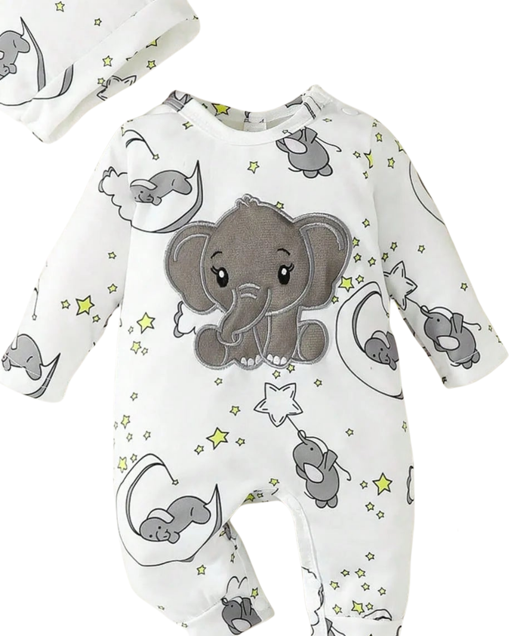 Body + Gorro Bebê Elefantinho Bordado | 0–18 Meses