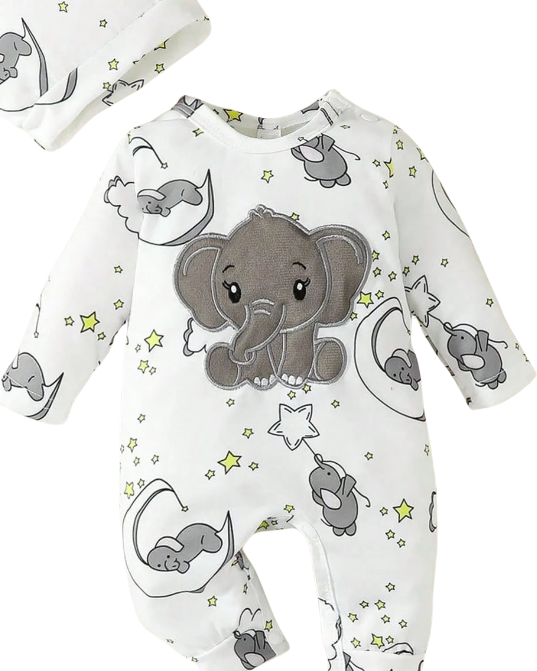 Body + Gorro Bebê Elefantinho Bordado | 0–18 Meses