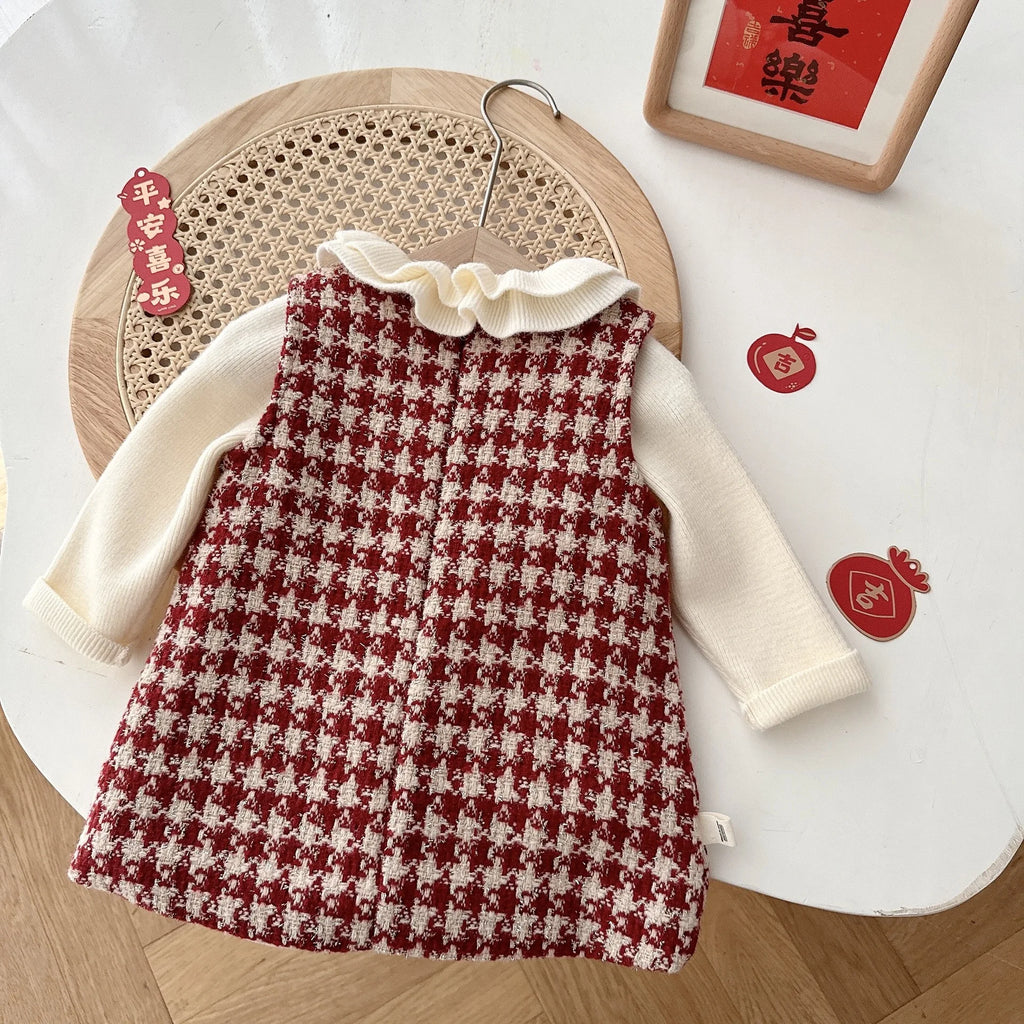 Conjunto Vestido Xadrez Infantil | Suéter Tricô + Vestido de Festa Meninas 6M–5 Anos
