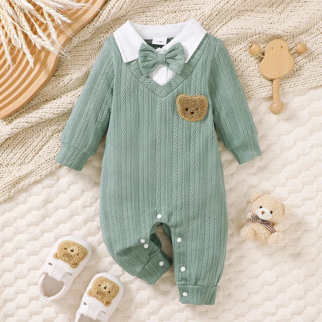 Macacão Bebê Menino Tricô Urso com Gravata Borboleta | Manga Longa 1–18 Meses