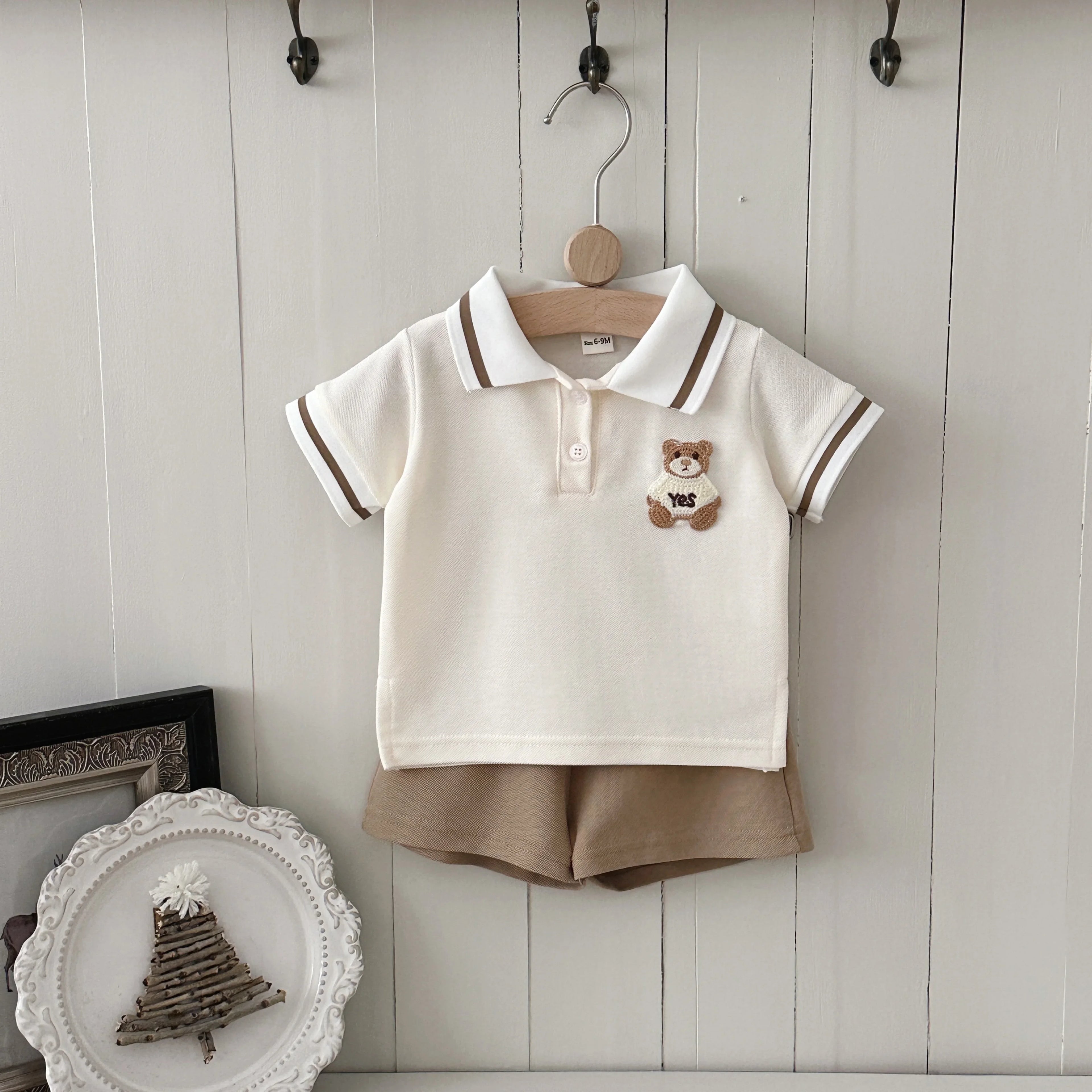 Conjunto 2 Peças Bebê Unissex Teddy Bear | Camiseta Listrada Urso + Shorts Algodão Verão 6M–2 Anos