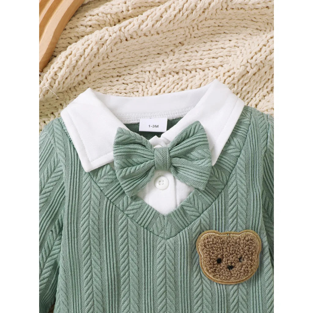 Macacão Bebê Menino Tricô Urso com Gravata Borboleta | Manga Longa 1–18 Meses