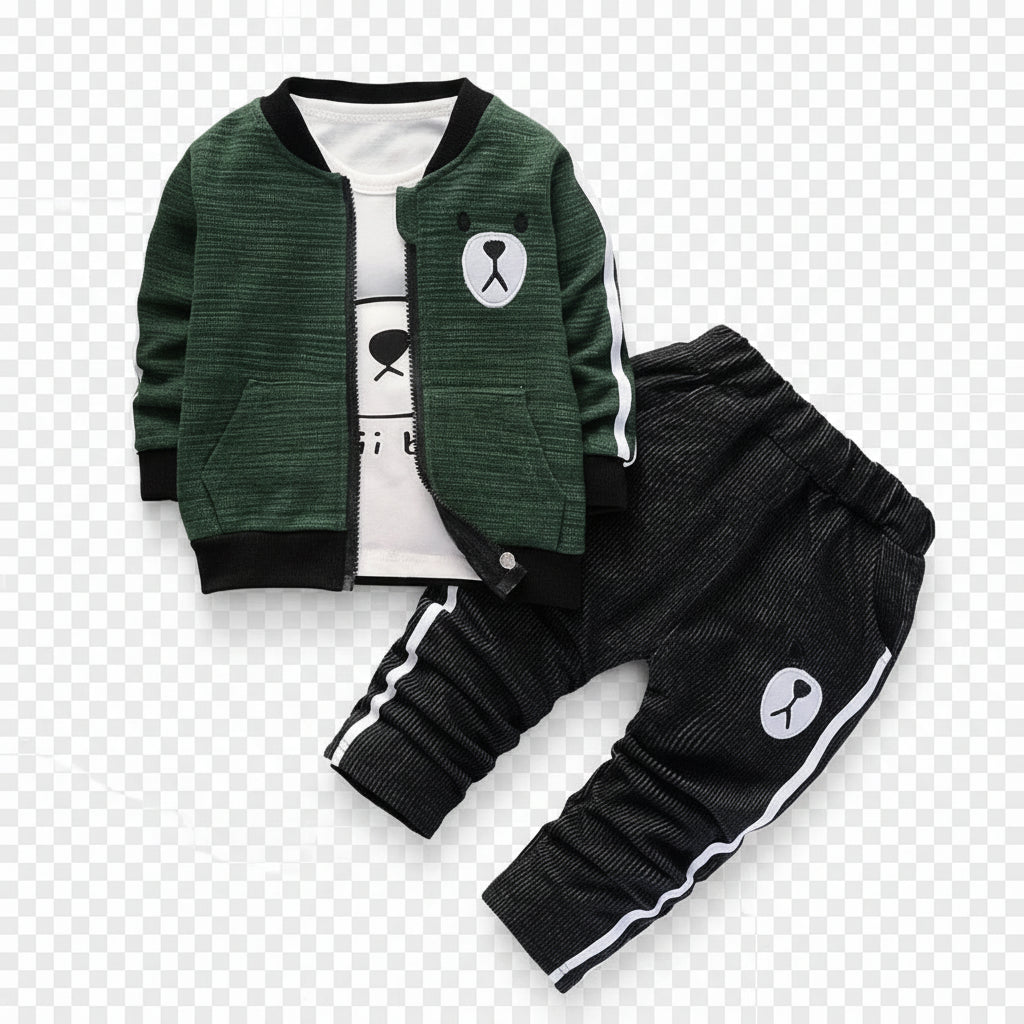 Conjunto 3 Peças Bebê Menino Teddy Bear | Moletom Capuz + Calça Algodão 12M–5 Anos