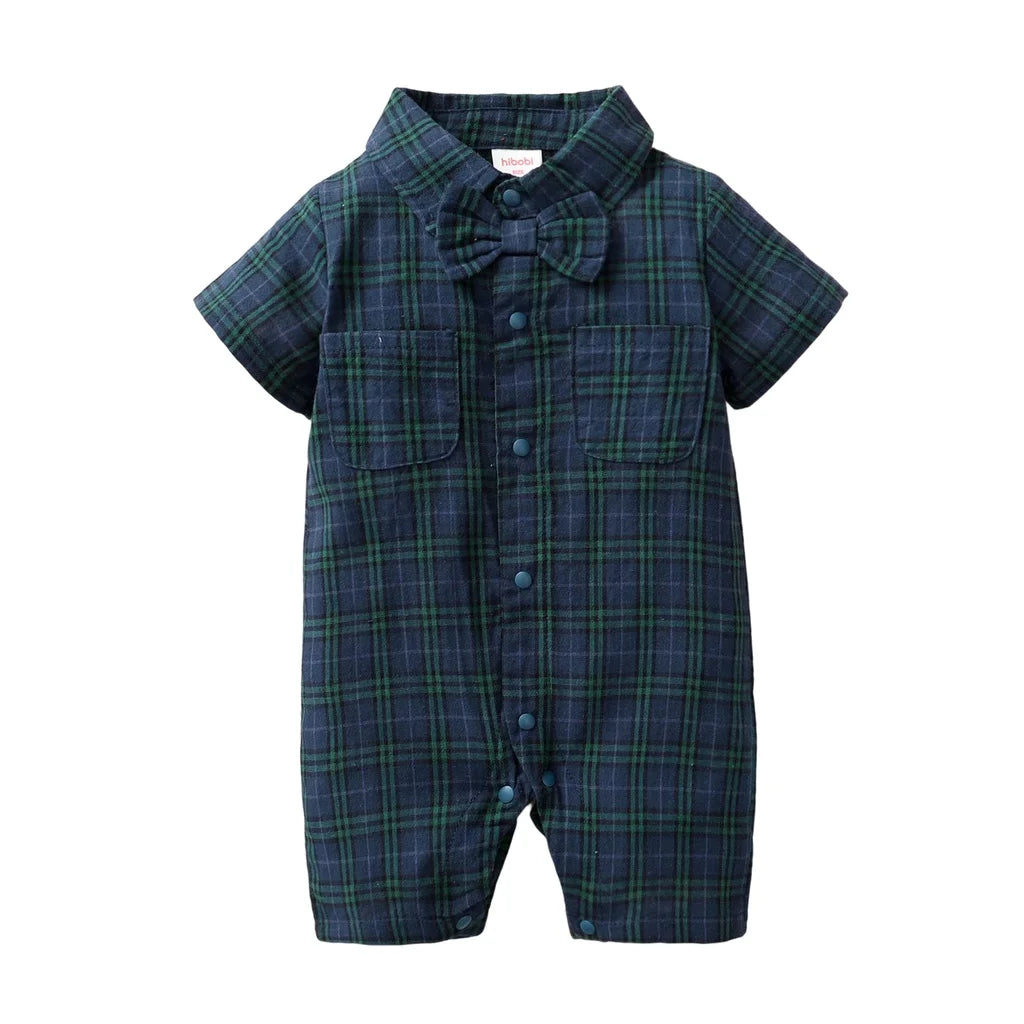 Macacão Bebê Menino Xadrez Gentleman | Manga Curta Gravata Borboleta 0–18 Meses