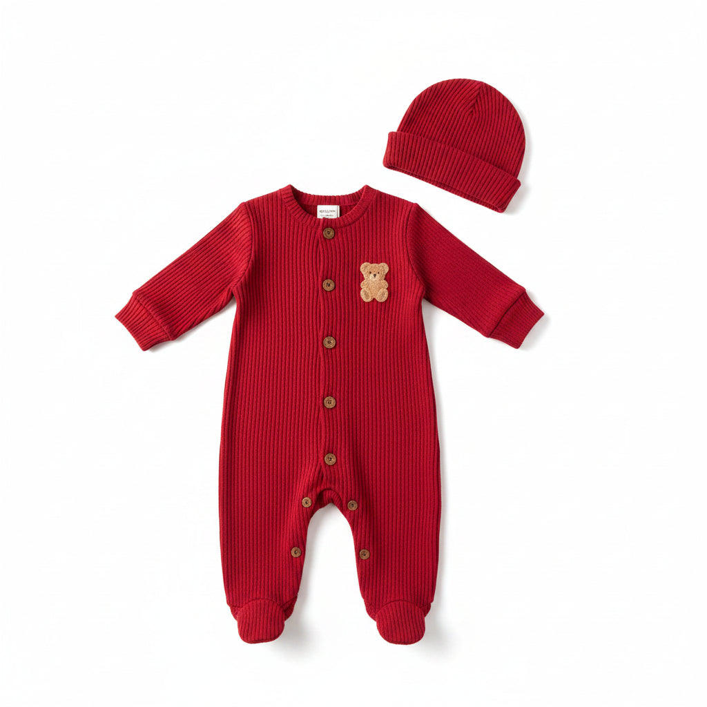 Conjunto Bebê Menino Inverno | Macacão Vermelho Emblema Urso + Touca 0–18 Meses
