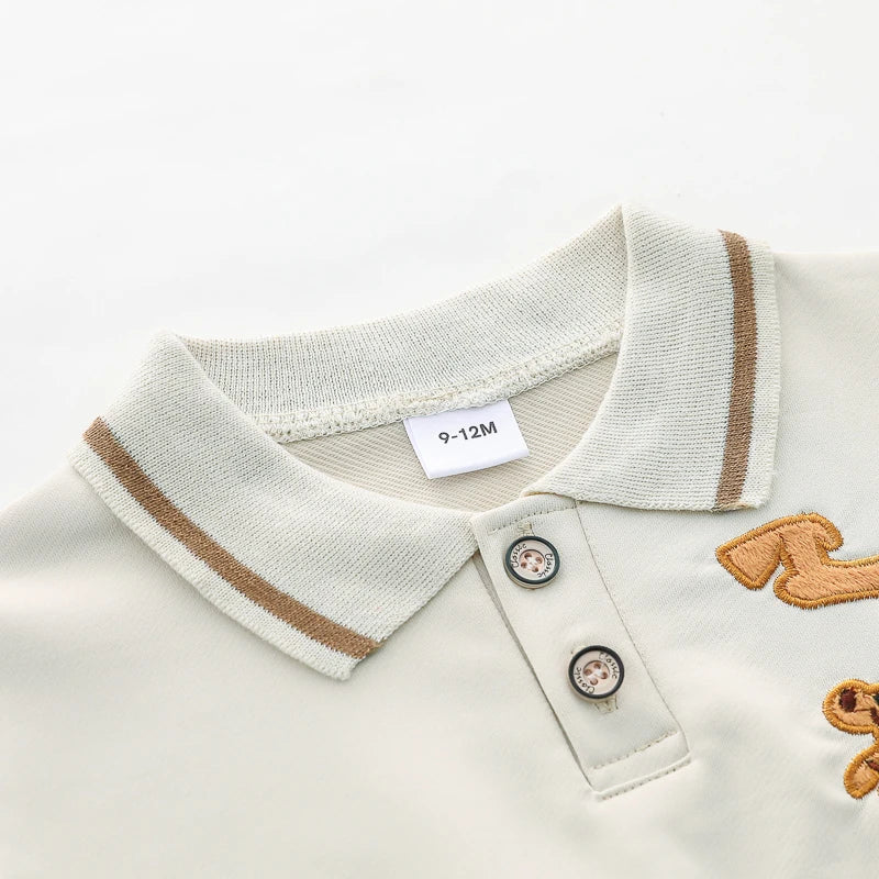Conjunto 2 Peças Bebê | Gola Polo Manga Longa Bordado Cartoon 6M–3 Anos