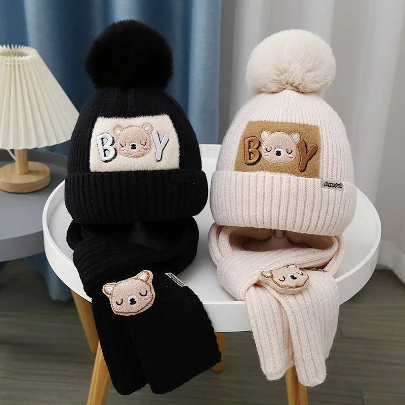 Kit Gorro + Cachecol Bebê Teddy Bear | Tricô com Pompom Cartoon Inverno 0–4 Anos