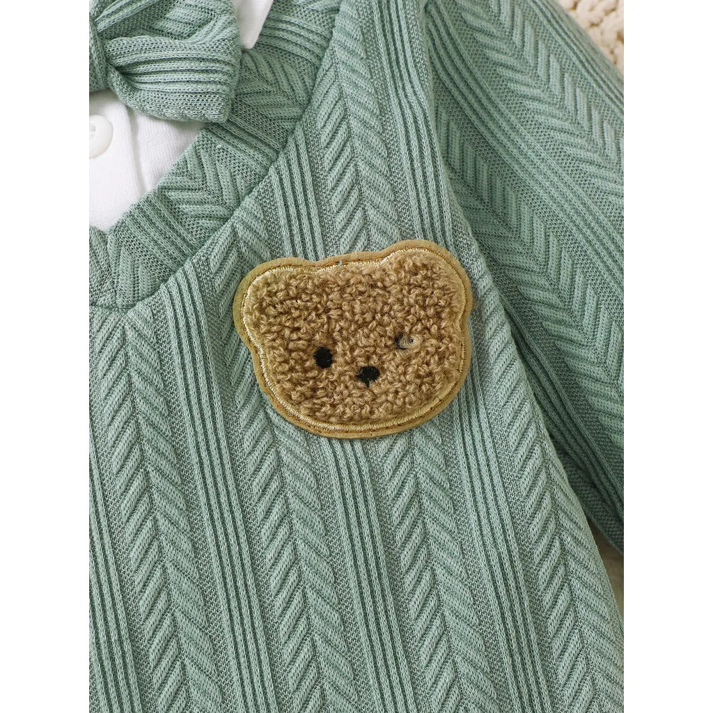 Macacão Bebê Menino Tricô Urso com Gravata Borboleta | Manga Longa 1–18 Meses