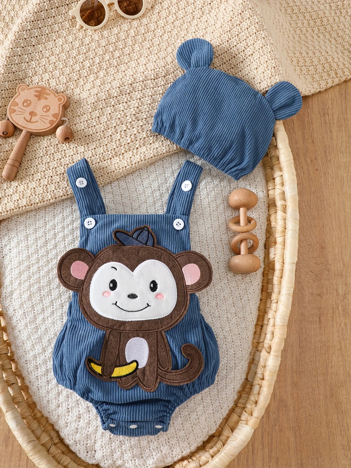 Conjunto Macacão + Touca Bebê Menino Macaquinho | Veludo Cotelê 1–18 Meses