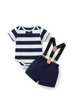 Conjunto 2 Peças Bebê Menino Urso | Body Listrado + Jardineira 0–18 Meses