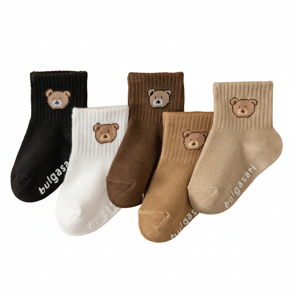 Kit 5 Pares Meias Bebê Antiderrapante | Estampa Urso Unissex 6M–5 Anos