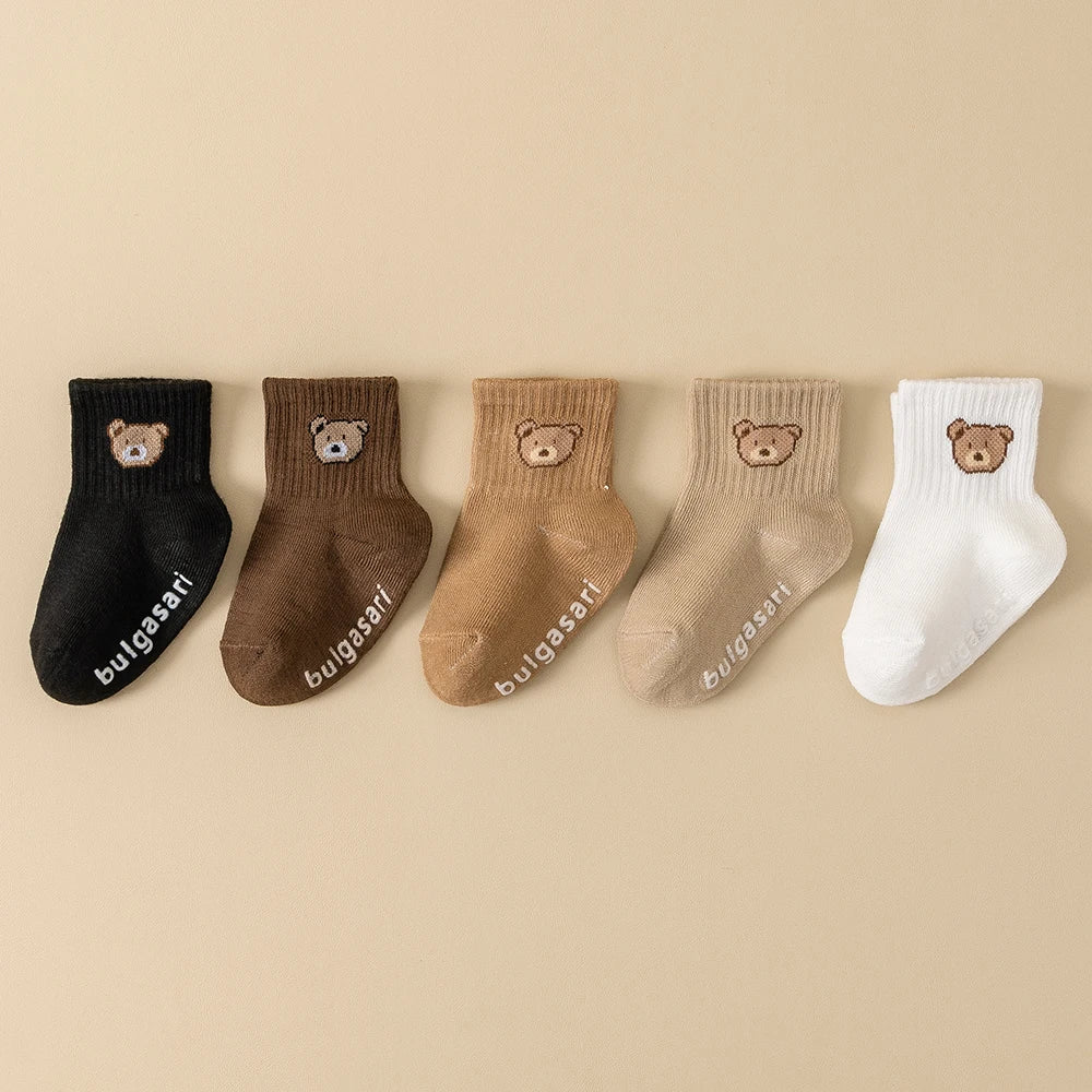 Kit 5 Pares Meias Bebê Antiderrapante | Estampa Urso Unissex 6M–5 Anos