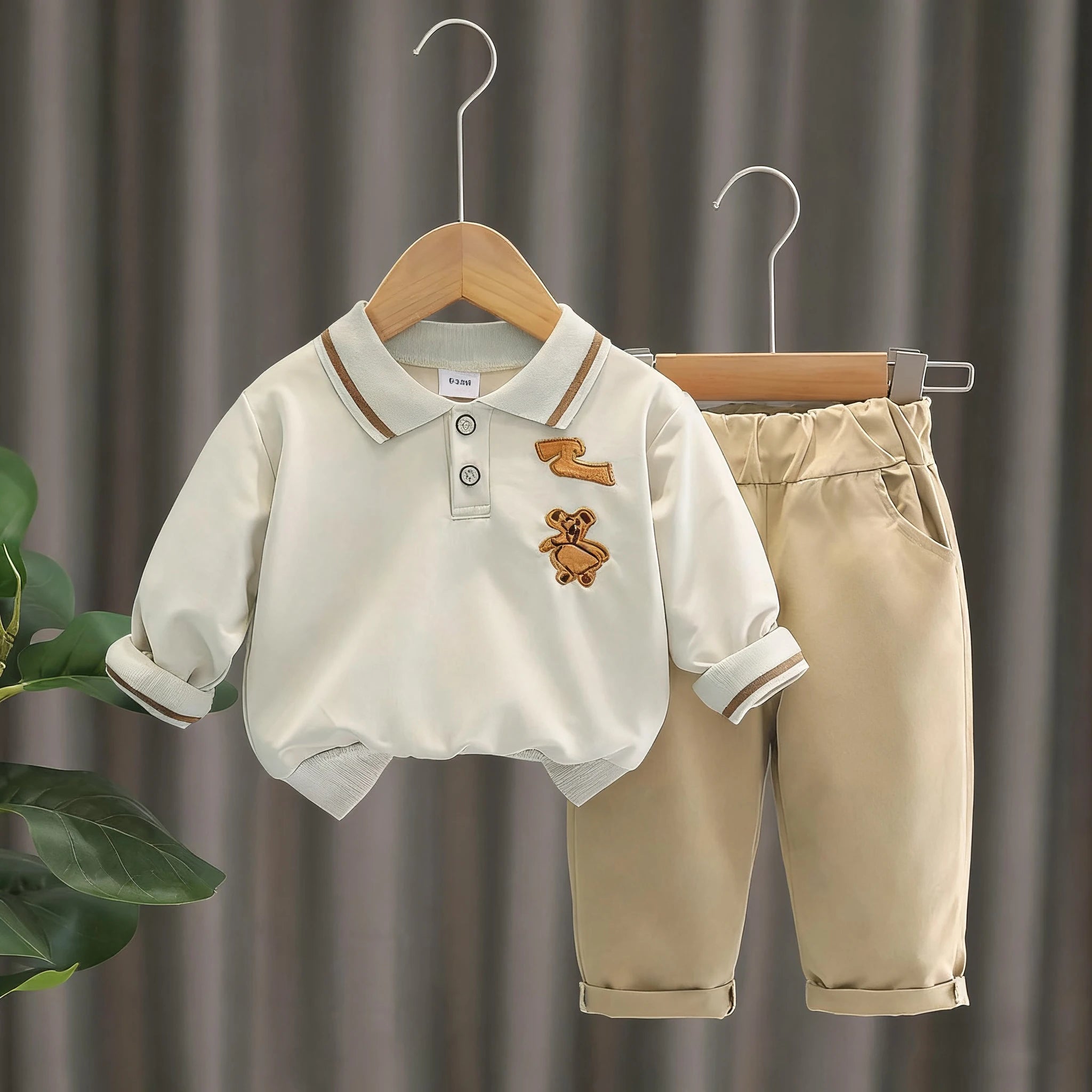 Conjunto 2 Peças Bebê | Gola Polo Manga Longa Bordado Cartoon 6M–3 Anos