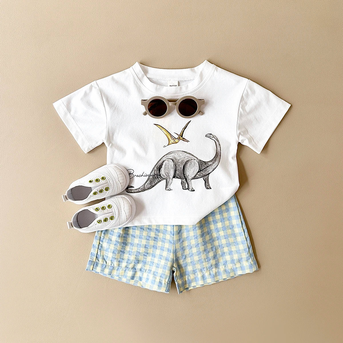 Conjunto Bebê Dinossauro | Camiseta + Shorts Xadrez Unissex 6M-3 Anos