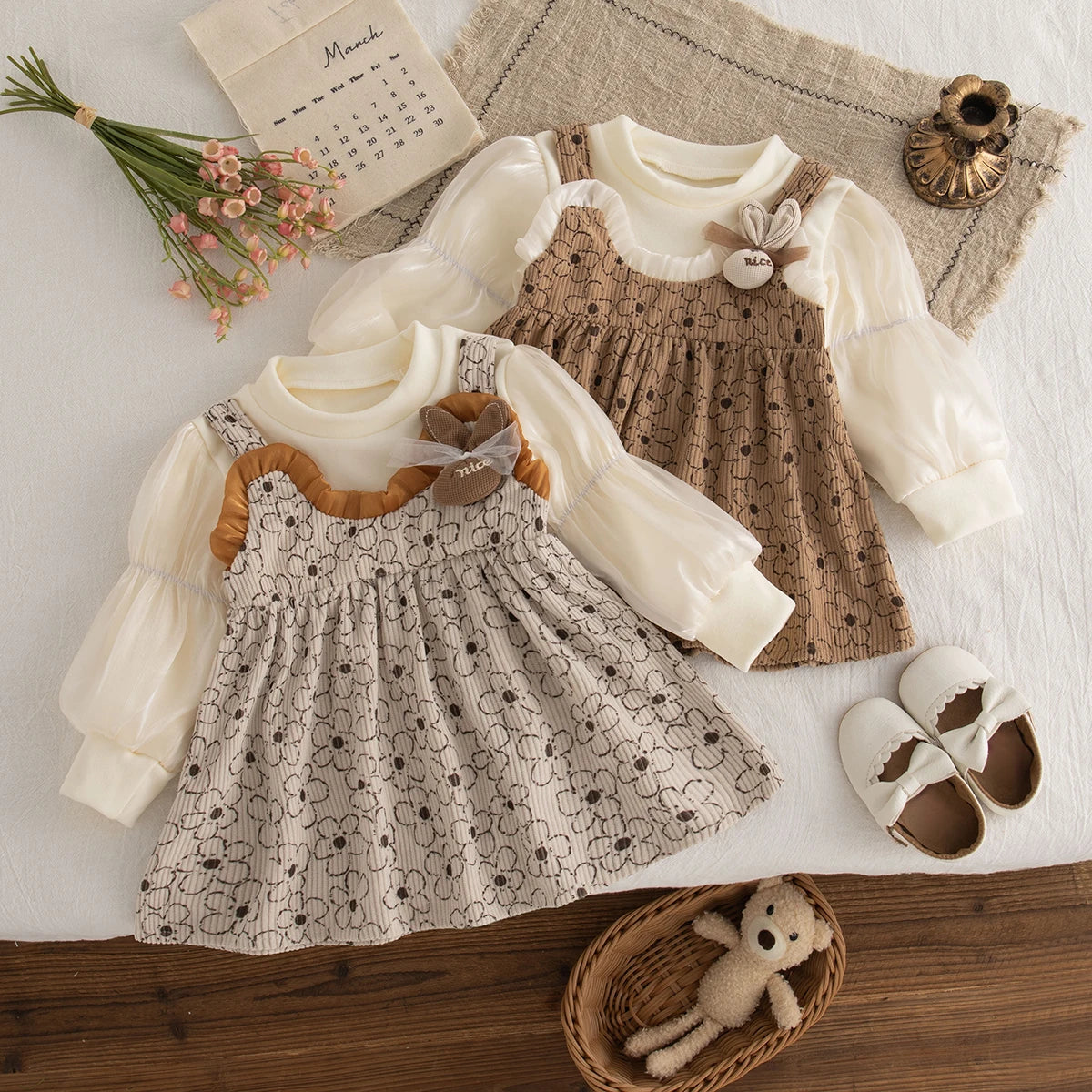 Vestido Bebê Menina Estampa Floral | Manga Longa Algodão 9M–3 Anos