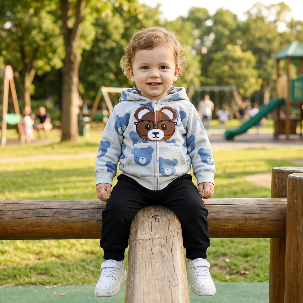 Jaqueta com Capuz Bebê Menino Teddy Bear | Polar Estampa Urso de Óculos Outono/Inverno 9M–3 Anos
