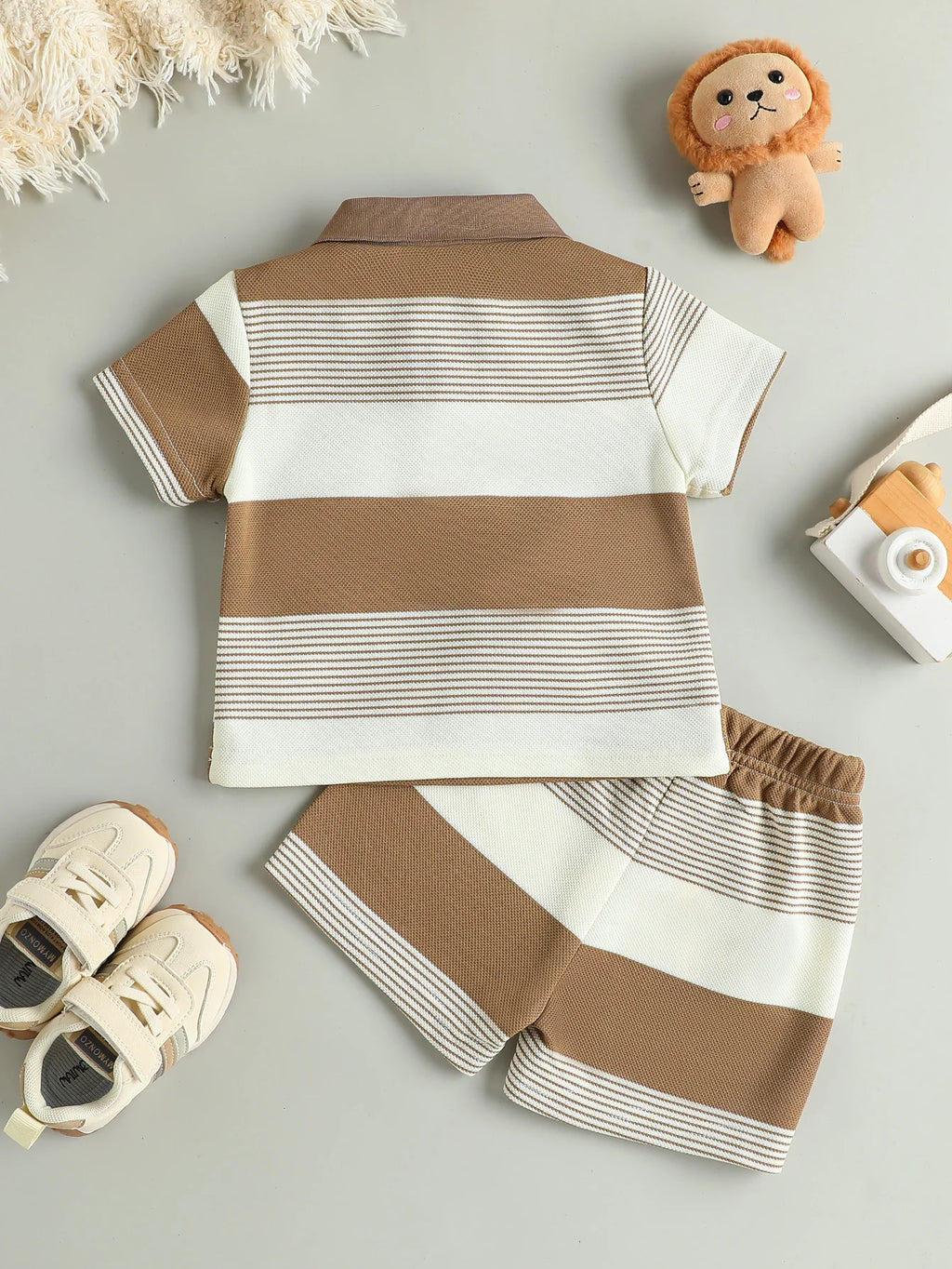Conjunto 2 Peças Bebê Menino Teddy Bear | Camiseta Listrada + Shorts Casual 3M–3 Anos