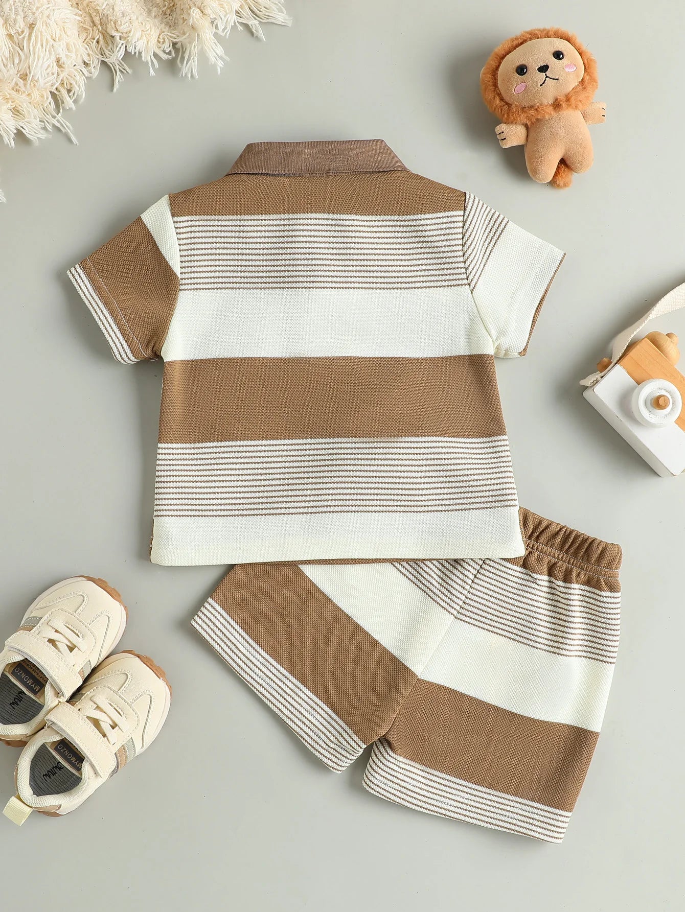 Conjunto 2 Peças Bebê Menino Teddy Bear | Camiseta Listrada + Shorts Casual 3M–3 Anos