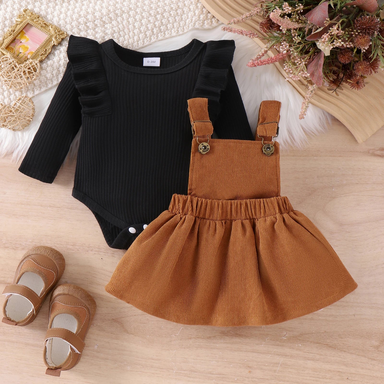 Conjunto 2 Peças Bebê Menina | Blusa Manga Longa + Saia com Alça 0–18 Meses