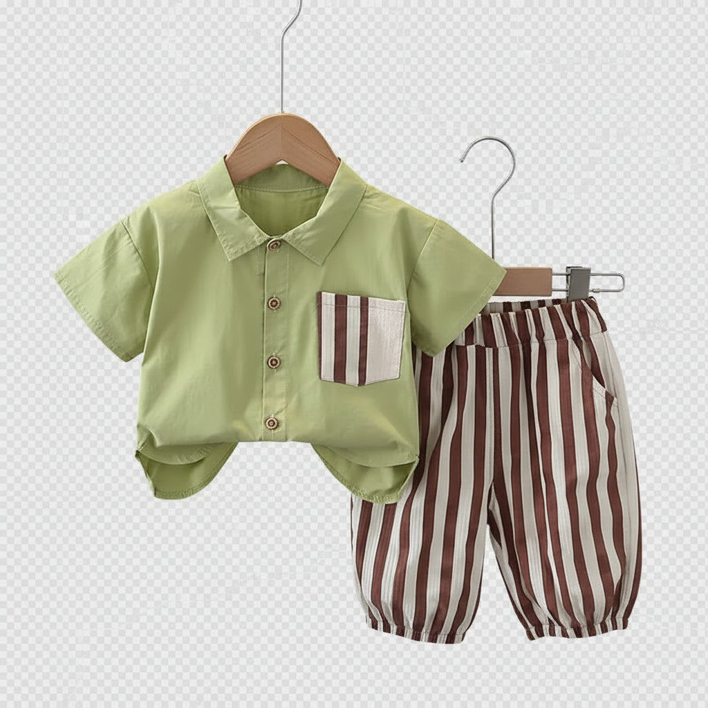 Conjunto 2 Peças Bebê Menino | Camisa Polo Branca + Calça Listrada Casual 12M–5 Anos