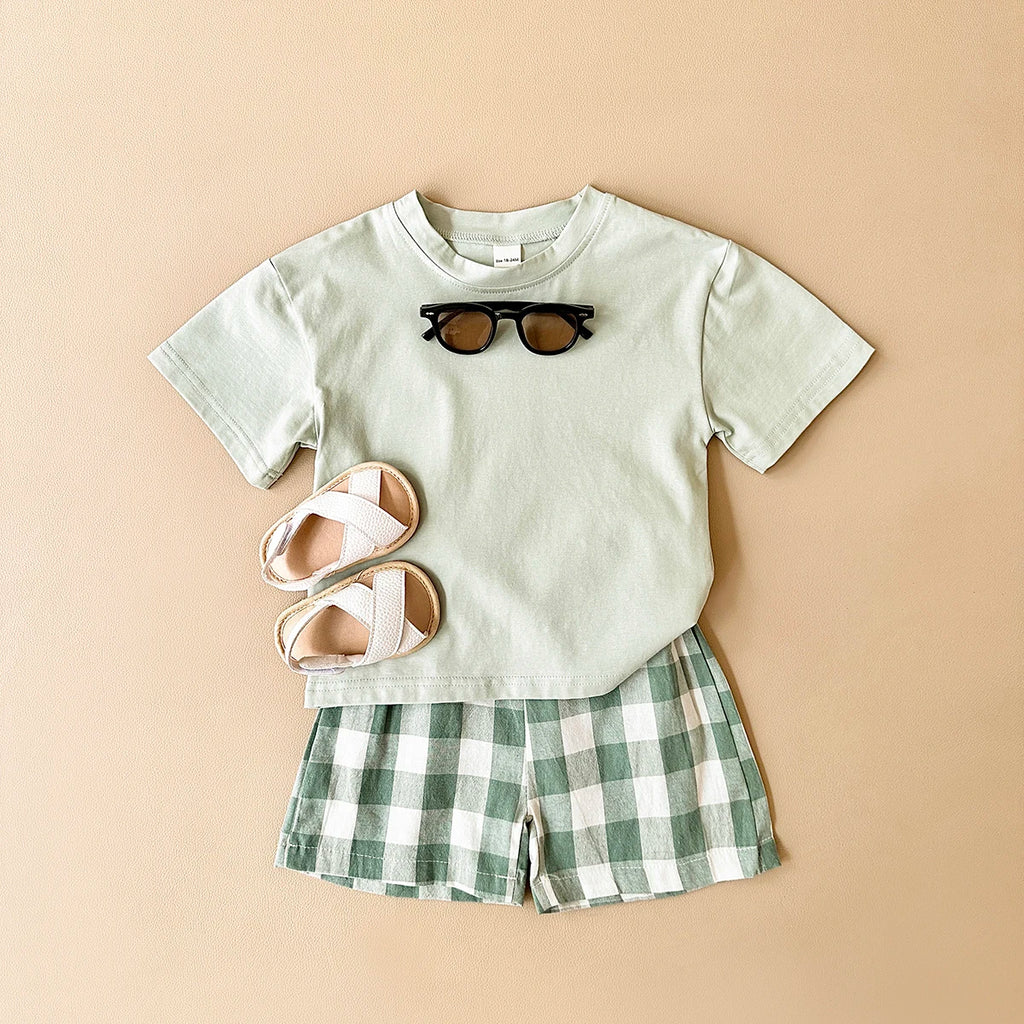 Conjunto Verão Bebê Dinossauro | Camiseta Estampada + Shorts Xadrez 6M-3 Anos
