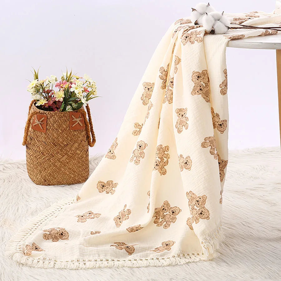 Manta Musselina Bebê Recém-Nascido Teddy Bear | Cobertor Urso Xadrez Swaddle