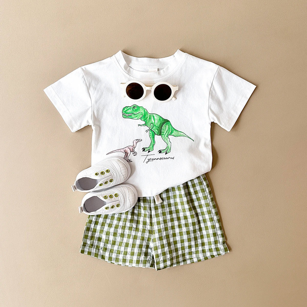 Conjunto Bebê Dinossauro | Camiseta + Shorts Xadrez Unissex 6M-3 Anos