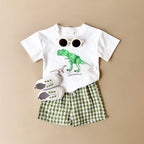 Conjunto Bebê Dinossauro | Camiseta + Shorts Xadrez Unissex 6M-3 Anos