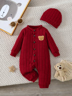 Conjunto Bebê Menino Inverno | Macacão Vermelho Emblema Urso + Touca 0–18 Meses