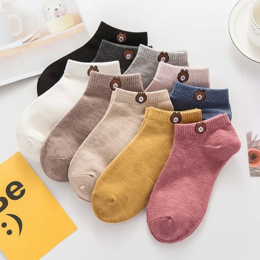 Kit 10 Pares Meias Femininas Teddy Bear | Cano Baixo Estampa Urso