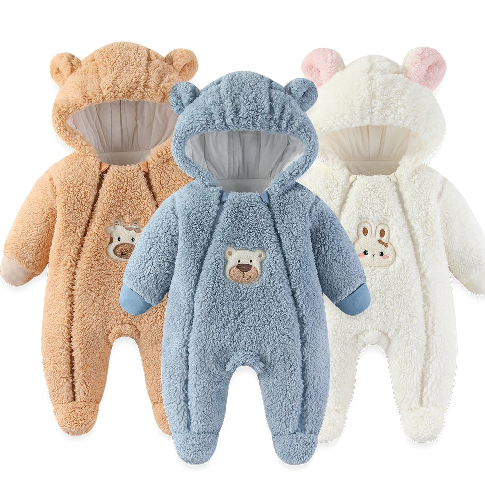 Macacão Bebê Menina Inverno | Bodysuit Algodão Espessado com Capuz 3M–12 Meses