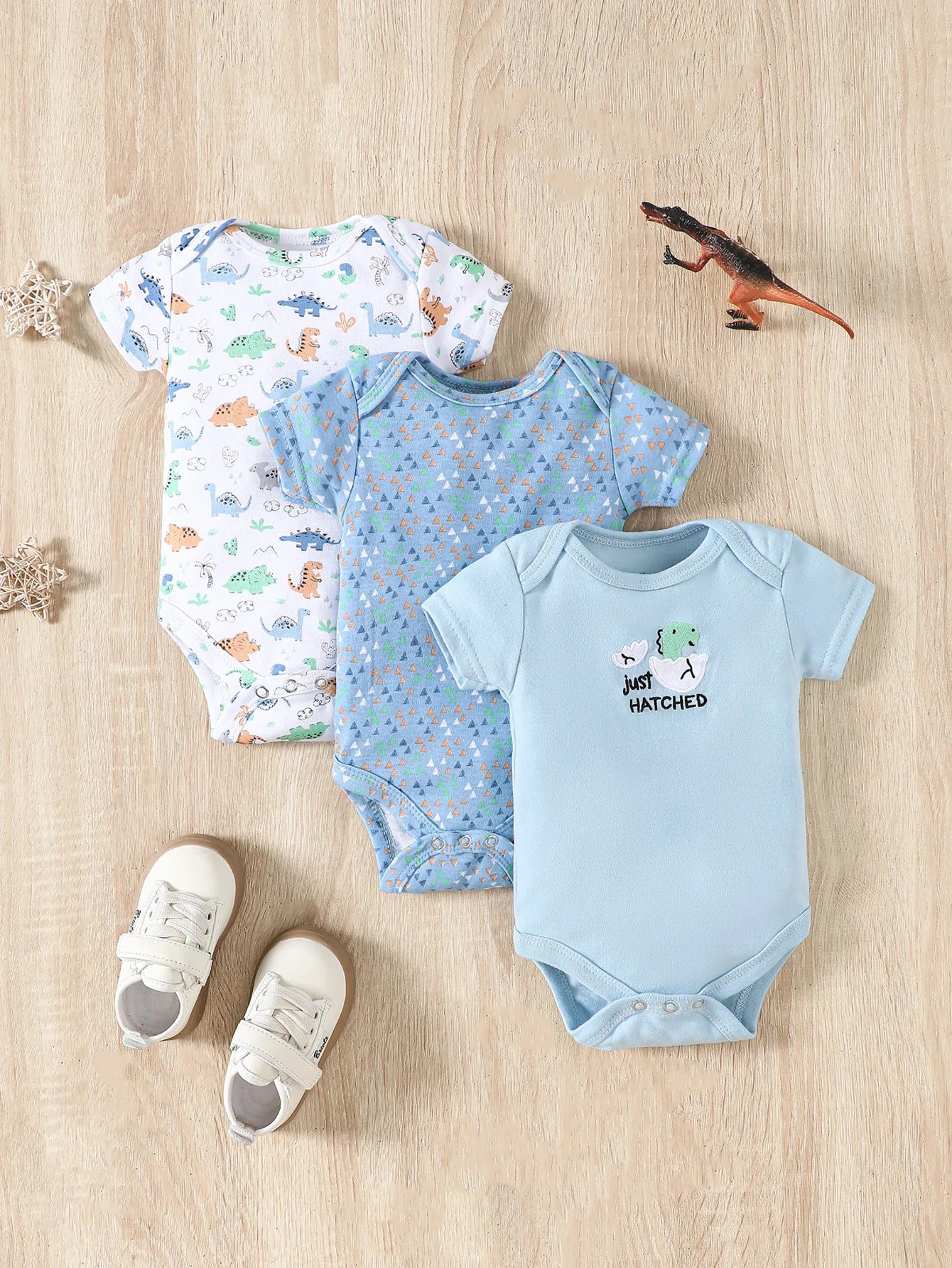 Conjunto 3 Peças Bebê Menino Dinossauro e Listras | Body Verão 3-9 Meses