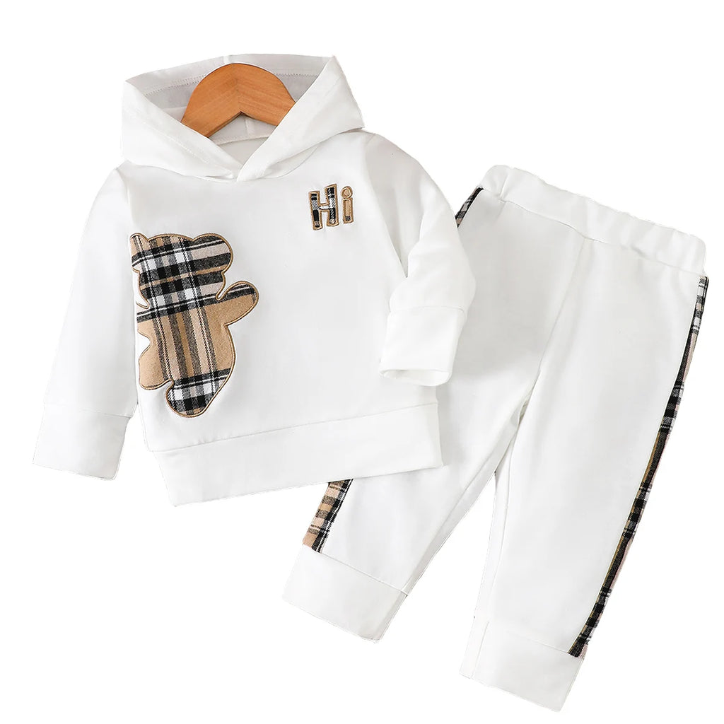 Conjunto 2 Peças Bebê Teddy Bear | Moletom Capuz Xadrez Urso + Calça Jogger 6M–2 Anos