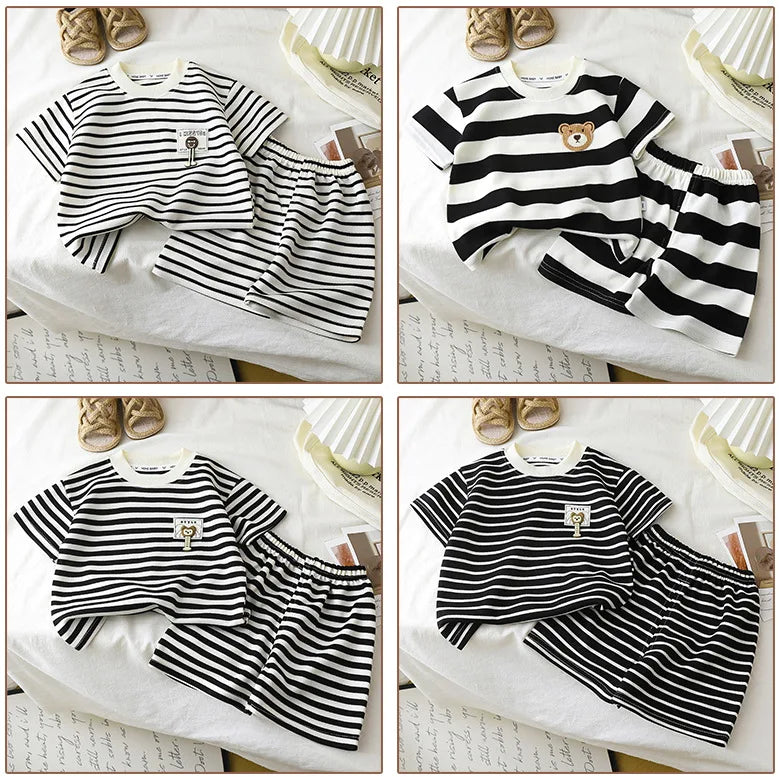 Conjunto 2 Peças Bebê Unissex Teddy Bear | Camiseta Listrada + Shorts Algodão Verão 6M–5 Anos