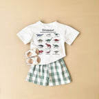 Conjunto Verão Bebê Dinossauro | Camiseta Estampada + Shorts Xadrez 6M-3 Anos