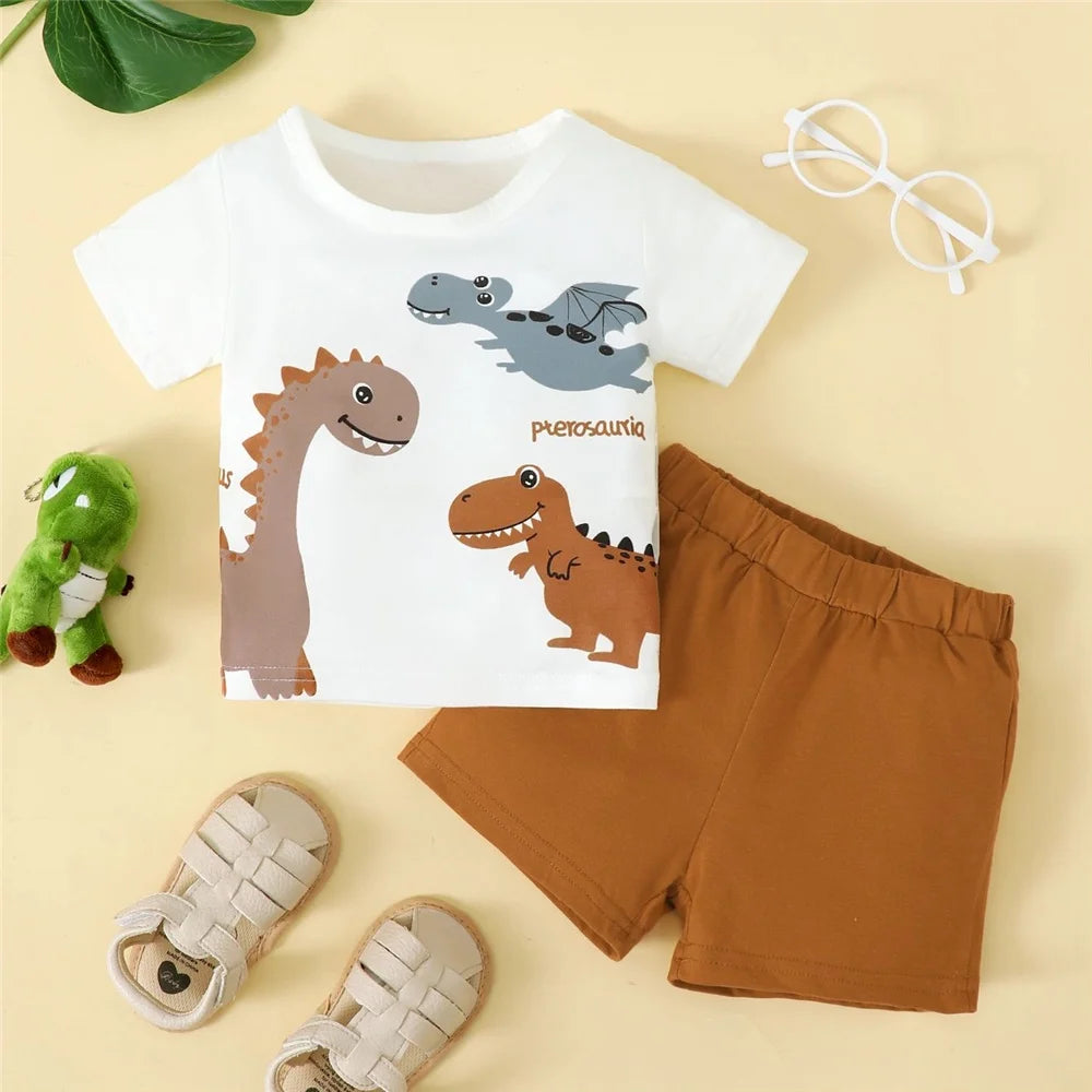 Conjunto 2 Peças Bebê Menino Dinossauro | Camiseta + Shorts 0-3 Anos