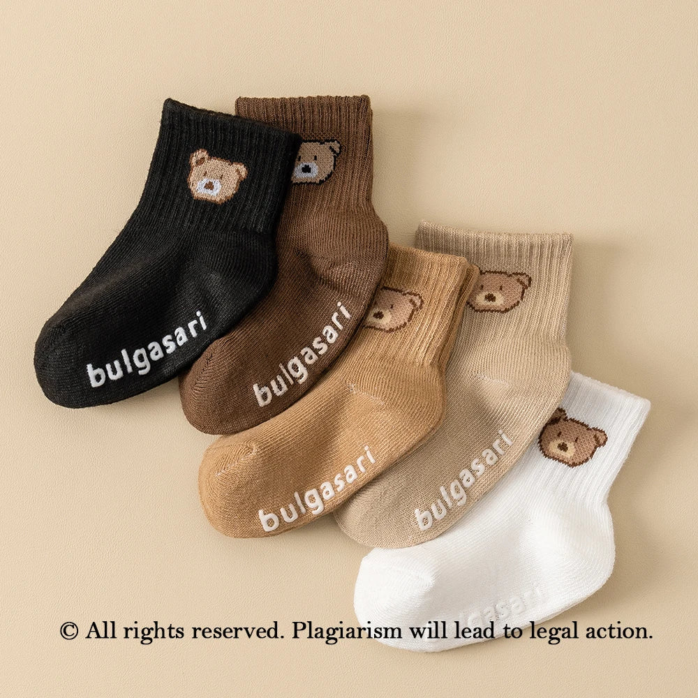 Kit 5 Pares Meias Bebê Antiderrapante | Estampa Urso Unissex 6M–5 Anos