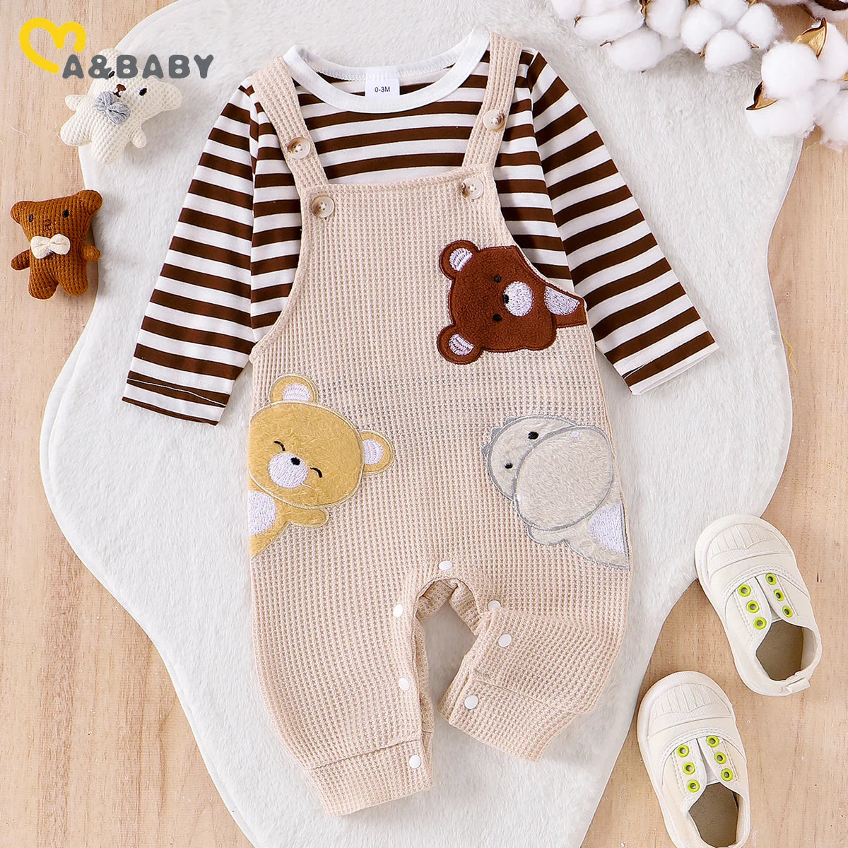 Conjunto Bebê 2 Peças ma&baby | Top Listrado Manga Longa + Jardineira Bordado Urso 0–18 Meses
