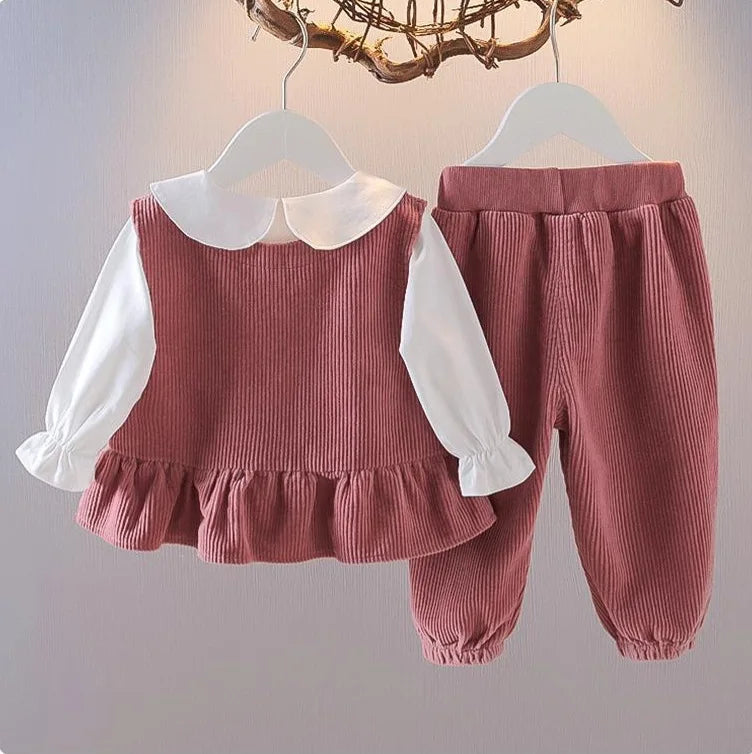Conjunto 3 Peças Infantil Veludo Cotelê Coelhinho | Colete + Blusa + Calça Meninas 12M–5 Anos