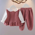 Conjunto 3 Peças Infantil Veludo Cotelê Coelhinho | Colete + Blusa + Calça Meninas 12M–5 Anos