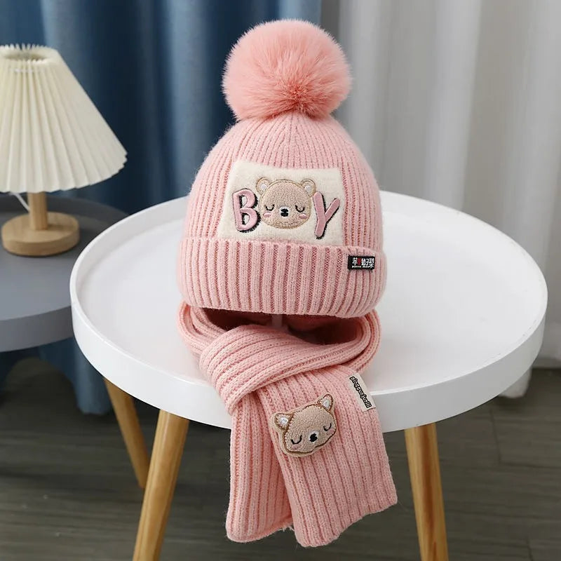 Kit Gorro + Cachecol Bebê Teddy Bear | Tricô com Pompom Cartoon Inverno 0–4 Anos