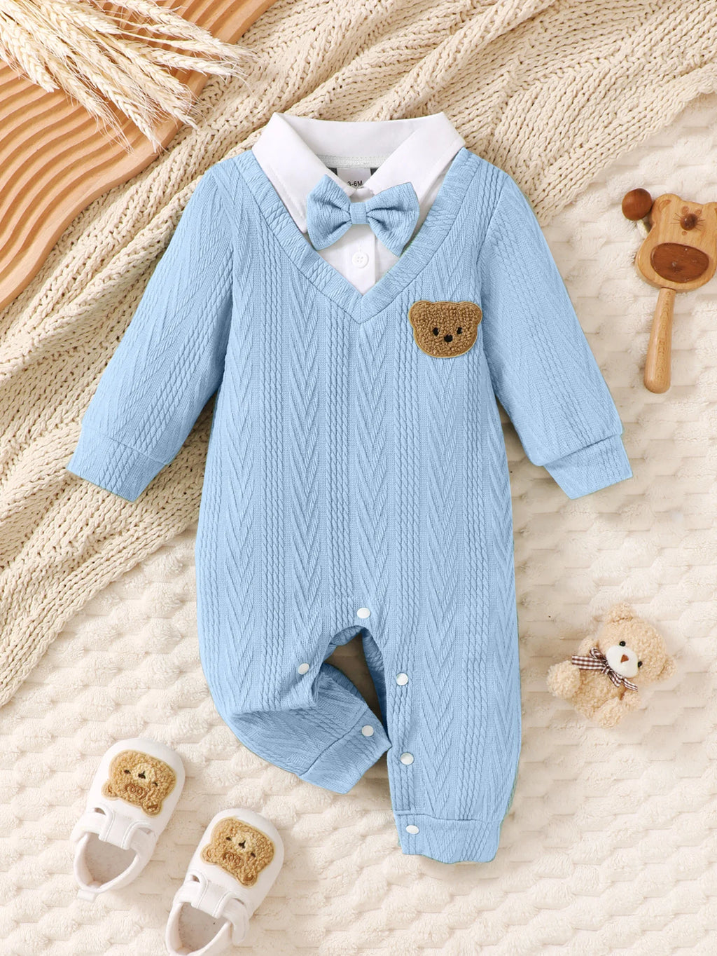 Macacão Bebê Menino Tricô Urso com Gravata Borboleta | Manga Longa 1–18 Meses