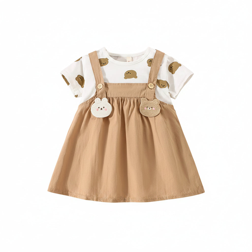 Vestido Bebê Menina Estampa Teddy Bear | Falso 2 Peças com Alça 6M–2 Anos