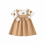 Vestido Bebê Menina Estampa Teddy Bear | Falso 2 Peças com Alça 6M–2 Anos