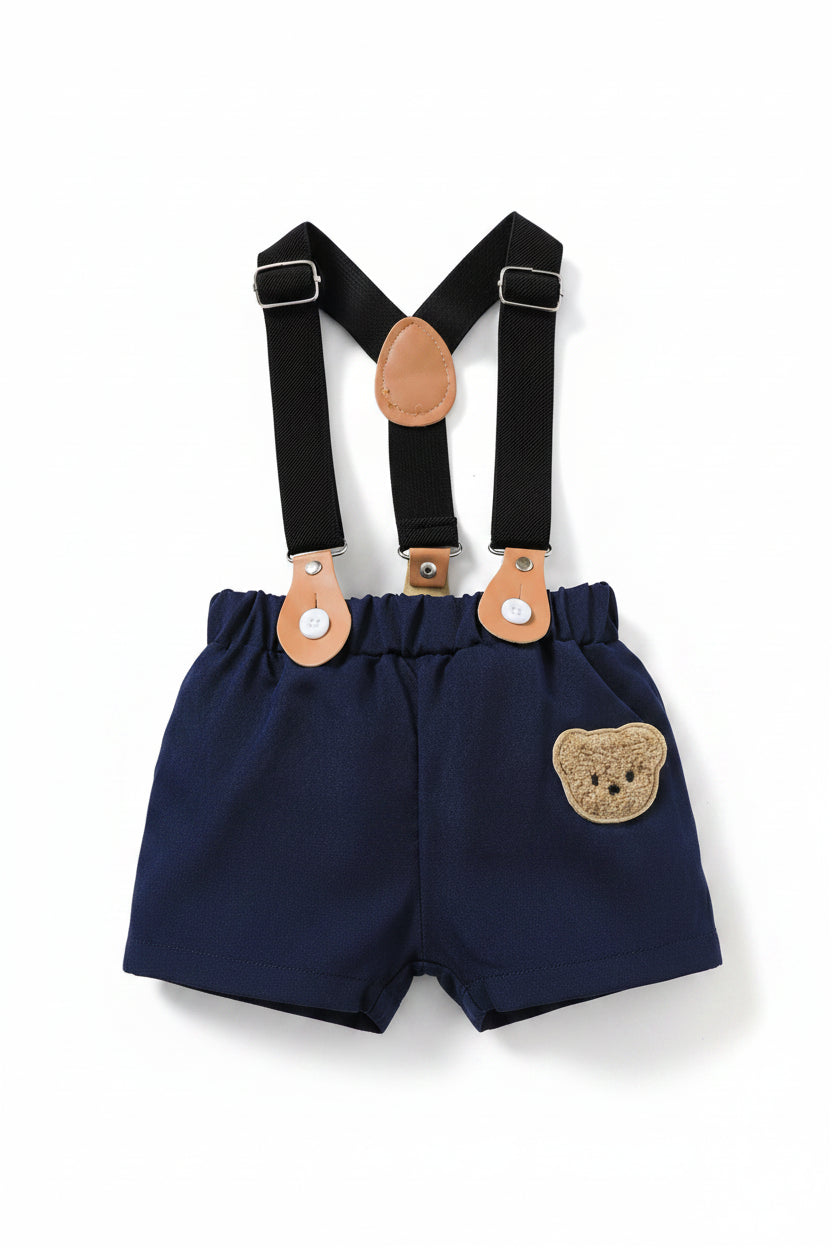 Conjunto 2 Peças Bebê Menino Urso | Body Listrado + Jardineira 0–18 Meses